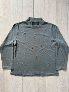 Vintage Alia Sport Leaf Embroidered Mockneck Long Sleeve Top Olive Green